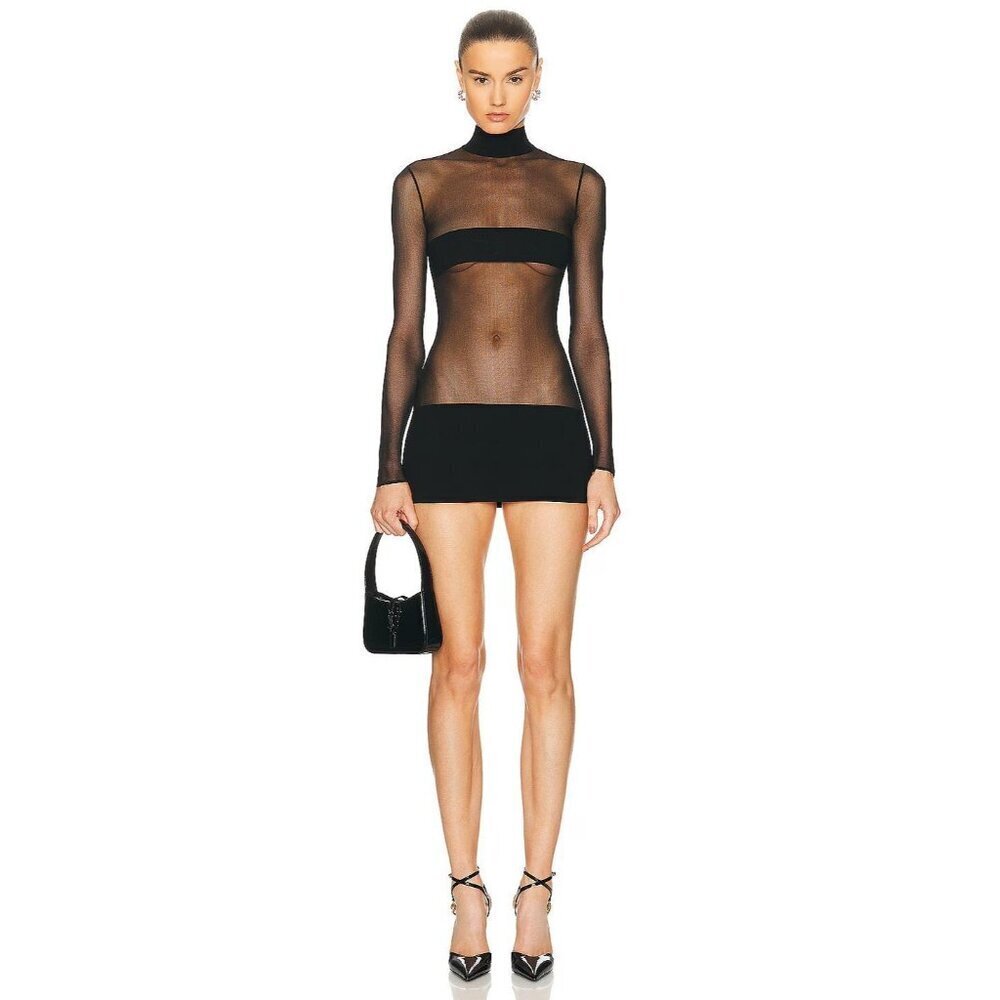 MONOT Contrasting Bands Mini Dress in Black New Womens Sheer Panel Long Sleeve